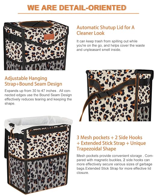 Pritent Car Trash Can with Lid Leakproof Car Garbage Bag Vehicle Trash Bin | Hanging Automotive Garbage Can,Multipurpose Car Accessories for Women Men Interior Car Storage Organizer(2 Gal,Leopard) - Image 4