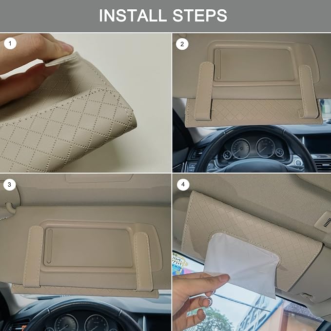 Car Sun Visor Tissue Holder, Car Napkin Holder, Premium PU Leather, Mask Holder for Sun Visor Vehicle, with Tissue Refill, Beige - Image 4
