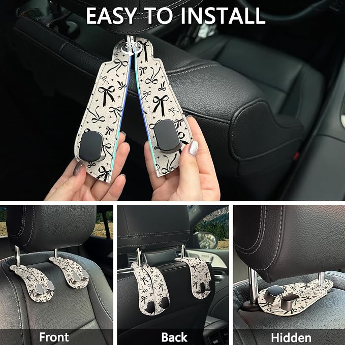 Blusabaca 2PCS Car Seat Headrest Hooks, Purses Bags Holder, Cute Black Bow | PU Leather, Double Metal Back Storage Hangers for Grocery Bags Handbags Bottles Coats Phones, Car Accessories Organization - Image 6