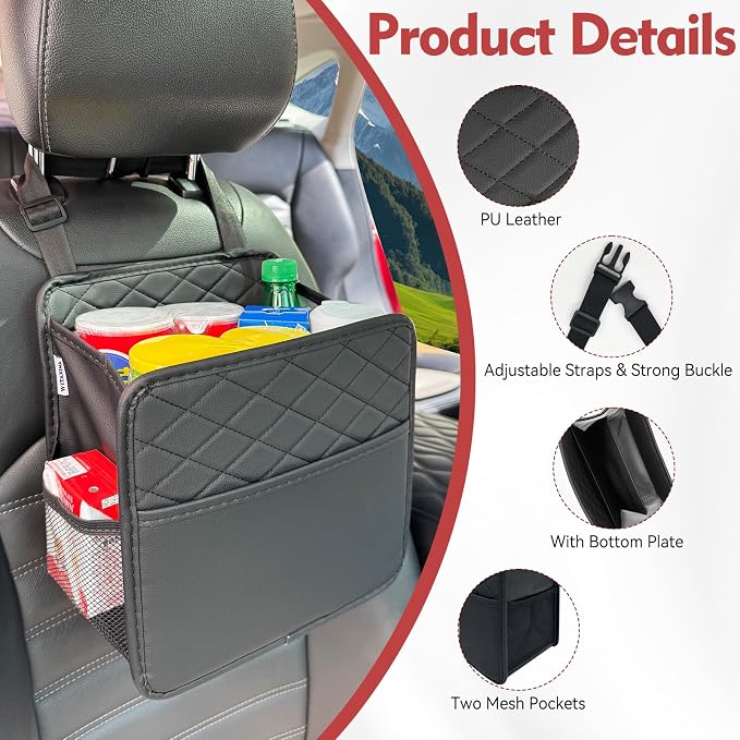 Witaxima Upgrade Car Seat Organizer Backseat with Storage Pockets, Multipurpose Car Organizer Hanging, Car Trash Bag Can,Premium PU Leather Garbage Can 2.14 Gallon Large Capacity, Black. - Image 3