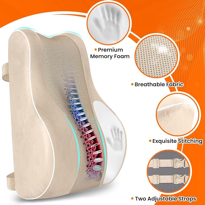 CloudBliss XL Lumbar Support Pillow, Memory Foam for Office Chair, Khaki | Ergonomic High-Density Memory Foam, Adjustable Straps, Washable Mesh Cover, Lower Back Support for Office, Gaming & Car Seat - Image 4