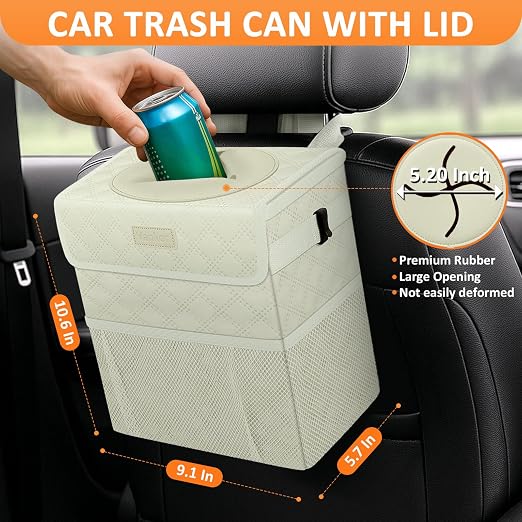 Vankor Car Trash Can with Lid Leak Proof Car Accessories for Women | 2.2 Gallon Cute Hanging Car Trash Bin for Men Car Truck Vehicle Sedan Interior Automotive Garbage Cans, Beige Quilted - Image 2