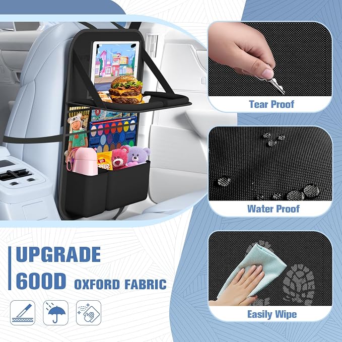 Car Backseat Organizer with Tray, Tablet Holder for Kids Road Trip | 600d Oxford Fabric, Waterproof & Easy-Clean, Foldable Tray Stows Away, Adjustable Straps Fit Car Seats, Multi-Size Pockets - Image 5