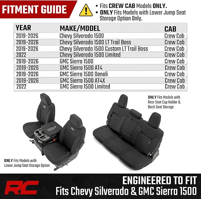 Rough Country Neoprene Seat Covers for Chevy Silverado & GMC Sierra 1500 (2019-2026) w/Rear Seat Storage & Cup Holder - Waterproof & UV Resistant, Foam Padded, Front & Rear Row Cover Set - Image 4