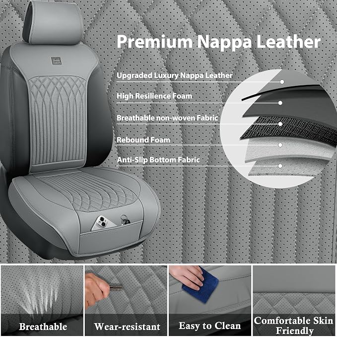 CAR PASS Car Seat Protector, 2 Pack Sideless Nappa Leather Seat Covers for Cars, All Season Waterproof Breathable Front Seats Cushion with Storage Pocket Universal Fit Vehicle Car SUV Truck, All Gray - Image 6