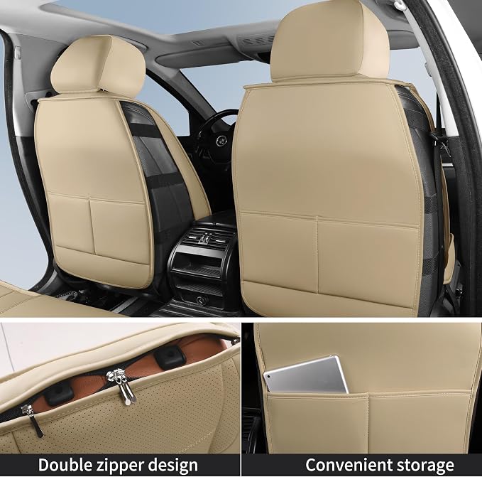 HChengkikz Nappa Leather Car Seat Covers Full Set, Beige Car seat Protector 5 Seats, Waterproof Car Seat Cushion, Universal Automotive Seat Covers Fit for SUV Truck Pick-up Sedan, Front and Rear | Easy Maintenance, Airbag Compatible, Universal Fit For ... - Image 3