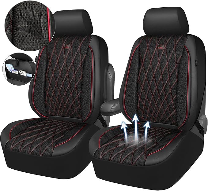 CAR PASS Thick Foam 3D Air Mesh Leather Car Seat Covers Front Seats Only, Breathable Premuim Leather Two Front Seat Cover, Airbag Compatible Universal Fit for 95% Sedan Van Truck SUV,Black and Red - Image 2
