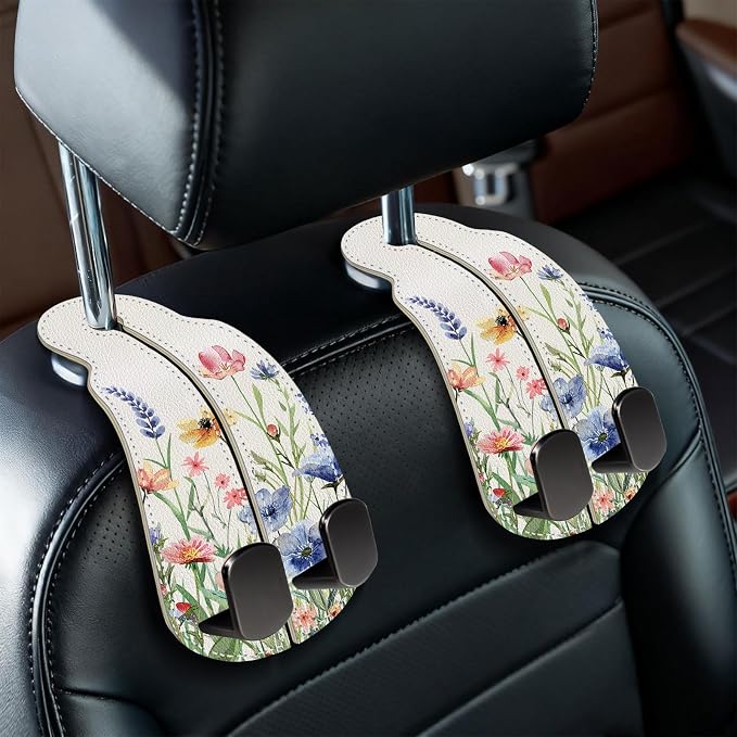 Blusabaca 2PCS Car Seat Headrest Hooks, Purses Bags Holder, Vibrant Floral | PU Leather, Double Metal Back Storage Hangers for Grocery Bags Handbags Bottles Coats Phones, Car Accessories Organization by Blusabaca