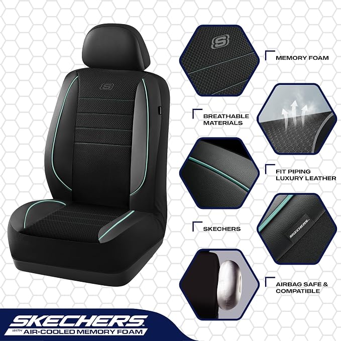 Skechers Air-Cooled Memory Foam Seat Covers,Mesh Thick Car Seat Covers,Piping Leather Car Seat Covers Front Seats,Airbag Compatible,Automotive Comfort for Most Cars,Vans,Trucks,SUV(Mint,Two Front) - Image 3