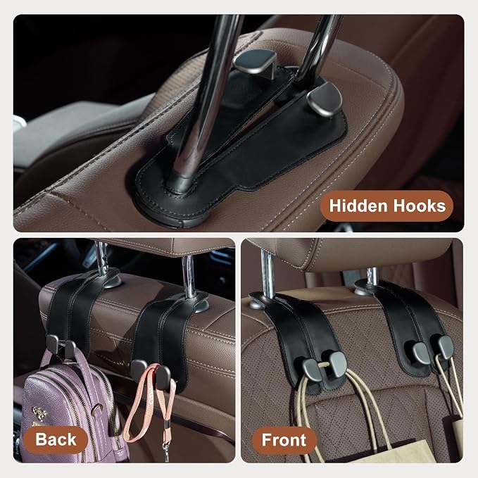 CoBak Purse Hook for Car - Universal Premium Stitched Leather and Aluminum-Magnesium Alloy Double Car Seat Back Storage Hook for Purses, Handbags, Bags (4 Pack),Black - Image 4