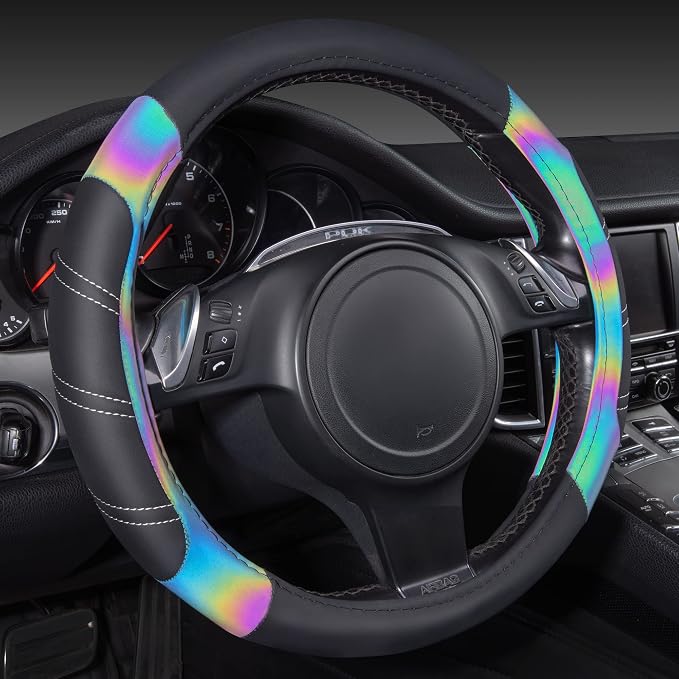 CAR PASS Line Rider Microfiber Leather Sporty 14.5-15 inch Steering Wheel Cover Universal Fits for 95% Truck,SUV,Cars, Anti-Slip Safety Comfortable Design (Black Reflective) by CARPASS