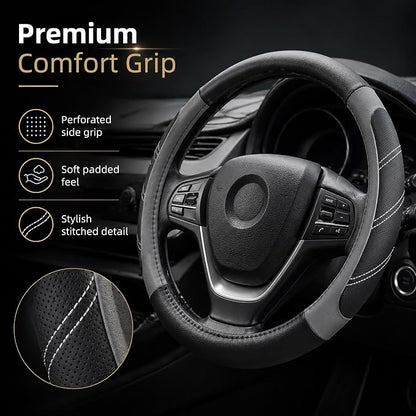 Elantrip Leather Large Steering Wheel Cover 14 1/2 inch to 15 inch Universal, Soft Grip Breathable for Car Truck SUV Jeep Anti Slip Gray - Image 2
