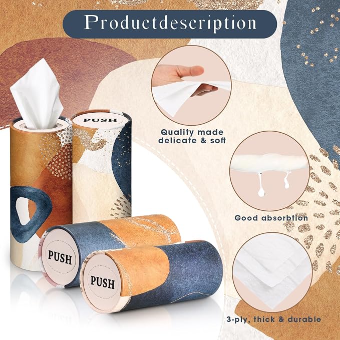 Outus 12 Pcs Boho Car Tissues Cylinder Holder with 3 Ply Facial Tissue Bulk Black White Round Tissue Holder Travel Tissues Boxes Container for Car Cup Wedding Birthday Party - Image 2