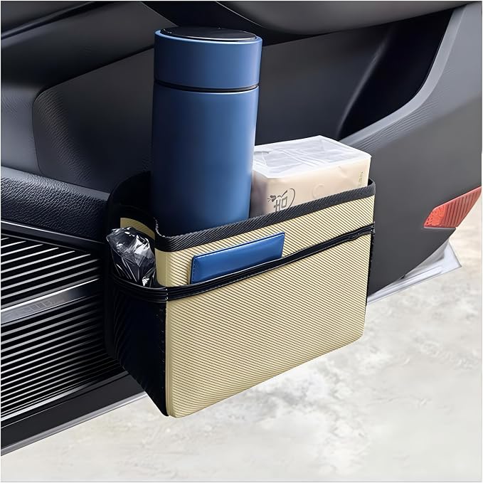 Bittwee Car Side Pocket Organizer, Hanging Trash Can for Car Door and Seat, Vehicle Mini Foldable Storage Bag Dustbin Container, Universal for Truck SUV Van (Beige) by Bittwee