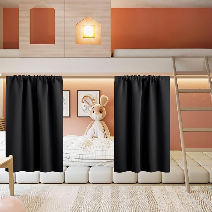RYB HOME Basement Bathroom Kitchen Cafe Blackout Privacy Window Curtains | Thermal Insulated, Light UV Heat Blocking, Privacy, Short Curtain Tiers for Laundry Room, W34 x L30, Black, 2 Panels by RYBHOME