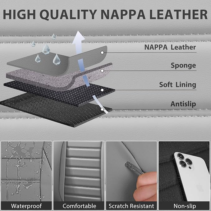 CAR PASS Nappa Leather Car Seat Covers Front Seats, Luxury Seat Protector for Cars, Waterproof Anti-Slip Seat Cushion Airbag Compatible Universal for Sedan SUV Pick-up Truck Automotive Vehicle, Gray - Image 5