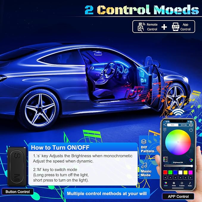 RGB Acrylic Interior Car LED Strip Light with Wireless APP, 14 in 1 with 175 inches 593 LEDs Neon LED Strip Light, 16 Million Colors Dynamic Music Sync Car Ambient Lighting Kits - Image 4