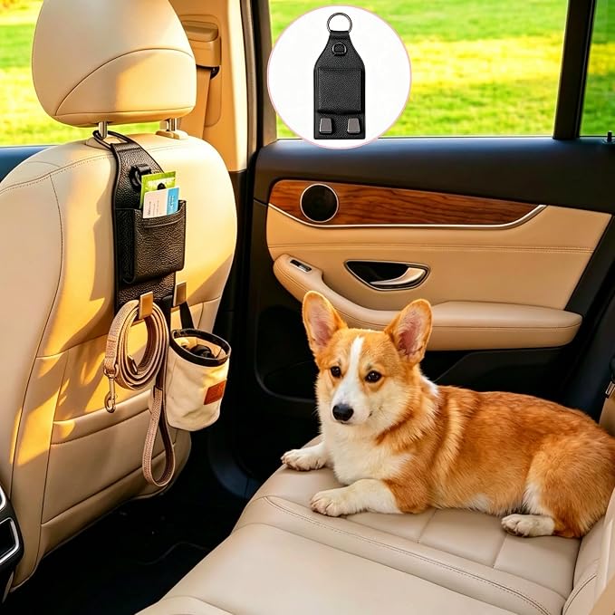 Car Seat Headrest Hooks with Phone Holder,Storage Pouch with Hook | Double Hook for Purse & Bag,Car Seat Hook with Buckle,Seat Back Organizer Hook for Cars SUVs Van Pickup Van Truck (Black) - Image 5