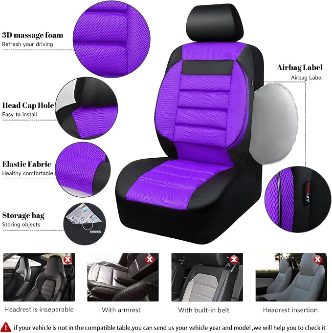 CAR PASS Leather 3D Foam Back Support Car Seat Covers Full Set Air Mesh Automotive Seat Covers, All Season Car Seat Cover Fit Automotive,SUV,Sedan,Van, Airbag Compatible Elegance (Black Purple) - Image 3