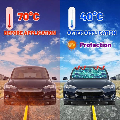 CHILL·TEK Funny Car Windshield Sun Shade Umbrella, Monstera Leaf Car Sun Shade Umbrella, Block UV Rays Heat Foldable Windshield Umbrella Sun Visor Protector - Keep Vehicle Cool for Cars SUV - Image 3