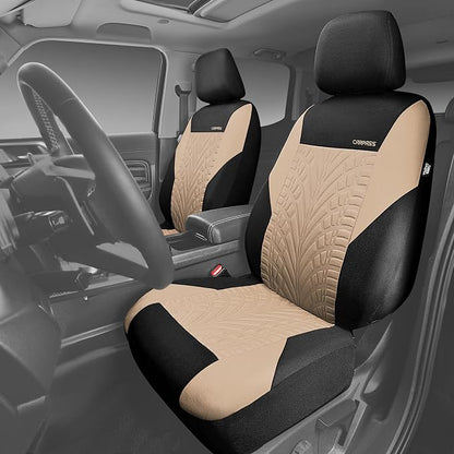 CAR PASS Car Seat Covers Two Front Only for Car, 3D Tyre Print Automotive Interior Covers, Airbag Compatible, Quick Setup Universal Fit Seat Covers for Car, Truck, SUV(Black and Beige) - Image 4