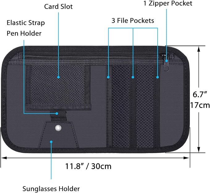Wisdompro Car Sun Visor Organizer, Registration and Insurance Holder, Black | Auto Sunvisor Pocket, Truck Storage Pouch with Elastic Strap for Sunglass, Glasses, Documents, Cards, Pen, Drivers License - Image 3