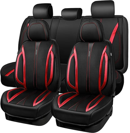 CAR PASS Nappa Leather Car Seat Covers, Durable Waterproof Luxury Universal Seat Covers for SUV Pick-up Truck Sedan, Anti-Slip Driver 5 Seat Covers Full Set with Backrest, Black Metallic Red by CARPASS