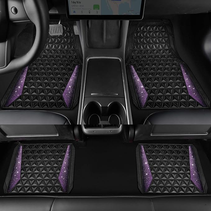 CAR PASS Bling Rubber Car Mats Diamond Floor Mats Full Set Anti-Slip 3D Rhombus Waterproof Universal Trim to Fit Liner Glitter Crystal Sparkly Shining Rhinestone Girl Women SUV Sedan Van, Black Purple - Image 5