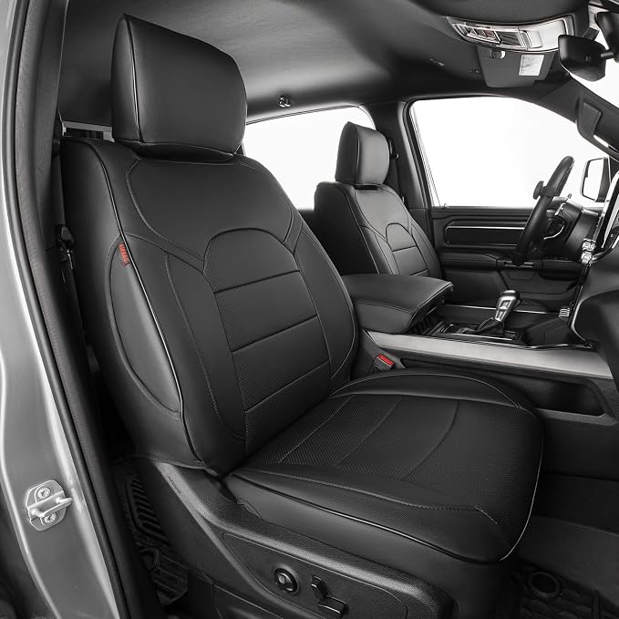 EKR Ram 1500 Seat Covers Custom Fit for (Quad Cab) RAM 1500 Laramie/Rebel 2019 2020 2021 2022,Waterproof Black Car Seat Cover for Trucks Full Set-Faux Leather(Black) by EKR