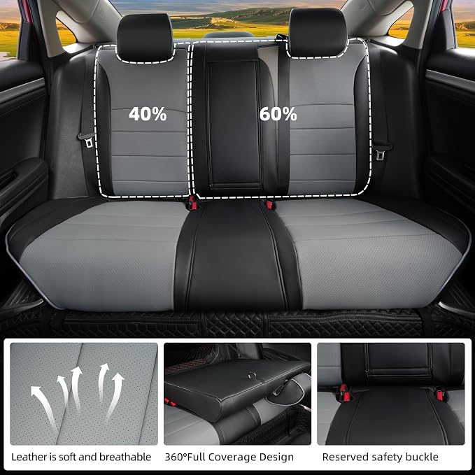 Lolcar Custom Fit Civic Seat Covers for Honda Civic 2016 2017 2018 2019 2020 2021 Hatchback EX,Sport Touring,EX-L - 5-Seats Leather Full Set ，Black/Gray(60/40 Split Seatback) - Image 3
