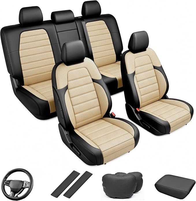 Custom Fit Seat Covers for Honda CRV 2017-2022 Front Rear Set-Black&Beige | Faux Leather,Full Coverage,5-Piece Set, Includes Neck Pillows, Armrest Cover, Seat Belt & steering Wheel Cover by AOMSAZTO