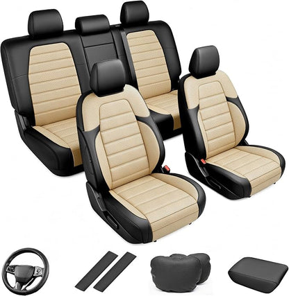Custom Fit Seat Covers for Honda CRV 2017-2022 Front Rear Set-Black&Beige | Faux Leather,Full Coverage,5-Piece Set, Includes Neck Pillows, Armrest Cover, Seat Belt & steering Wheel Cover by AOMSAZTO
