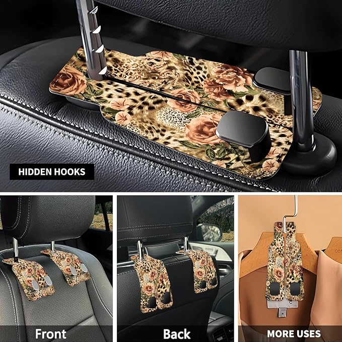 Car Seat Headrest Hook, Universal Leather Cute Hanger Holder Hook, Storage Organizer Interior Accessories for Purse Bags Handbag Luxury Leopard Rose - Image 3