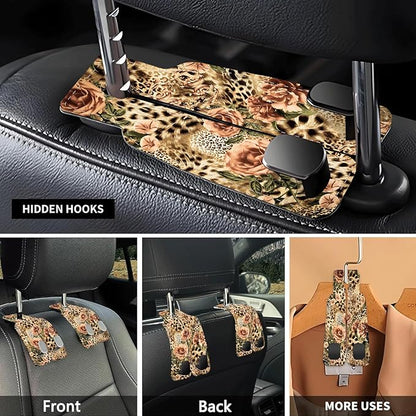 Car Seat Headrest Hook, Universal Leather Cute Hanger Holder Hook, Storage Organizer Interior Accessories for Purse Bags Handbag Luxury Leopard Rose - Image 3