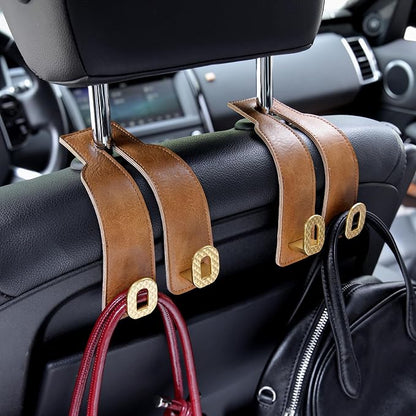 Car Headrest Hooks Universal Car Purse Hook Premium Leather and Alloy Twin Hook Car Seat Back Storage Hanger Hook for Purse Bags Cloth Drink Durable Holder Car Accessories (BH09-Brown-Gold) - Image 9