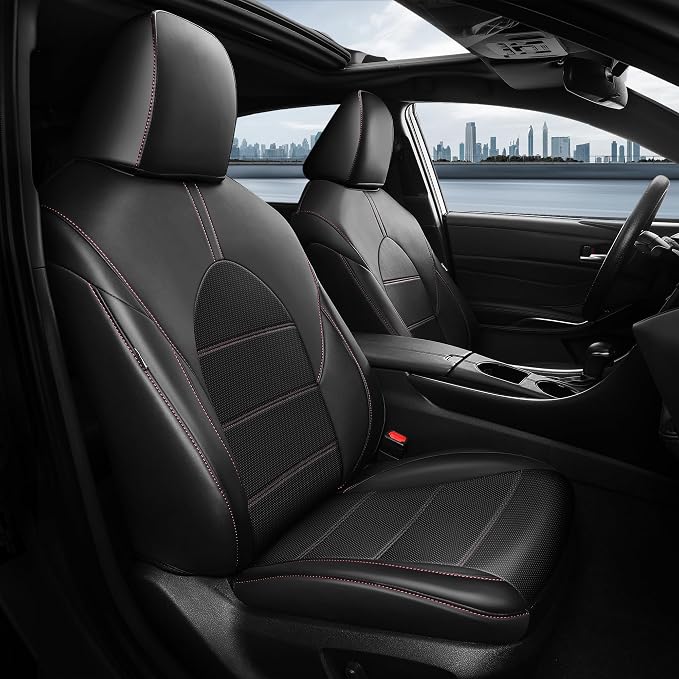 Custom Seat Covers for Toyota Camry 2018-2024, BlackRed | Only Fit for Camry LE/SE/SE Nightshade 2018-2024, Not for Hybrid, Full Coverage, Faux Leather, Scratch-resistant, Easy-clean by FEINEPRO