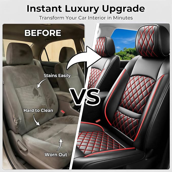 For Subaru Impreza 2012-2025 2026 Car Seat Covers, Full Set, Redline | Luxury Full Coverage Leather Seat Protectors, Waterproof Breathable, Non-Slip, Easy to Install, Airbag Compatible, All-Season - Image 6