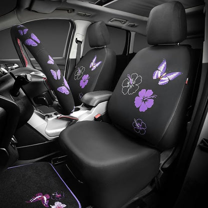 CAR PASS Universal Cloth Butterfly Car Seat Covers Full Set, Embroidered Flower Waterproof Car Floor Mats Carpet, Butterflies Steering Wheel Cover for Car Accessories Interior Sets (Black and Purple) - Image 2