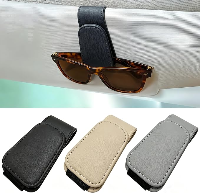 EldHus Sunglass Holder for Car Visor, Magnetic Car Glasses Holder Clip, Leather Eyeglass Holder for Car, Universal Vehicle Sunglasses Hanger Eyeglasses Mount, 1 Pack Black by EldHus