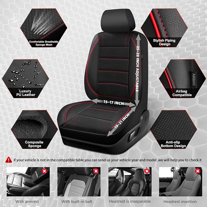 CAR PASS Air Mesh Leather Car Seat Covers Front Seats, Breathable Two Front Seat Covers for Cars, Comfortable Universal Fit for SUV Truck Sedan Automotive, Anti-Slip Airbag Compatible,Black and Red - Image 2