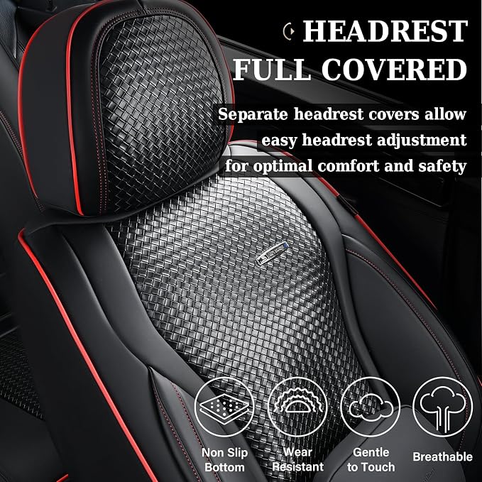 Coverado Seat Covers, Car Seat Covers Front Seats, Waterproof Nappa Leather Auto Seat Cover with Lumbar Head Pillow, Black Redline Seat Covers Carseat Cover Universal Fit for Most Cars - Image 6