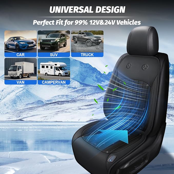 Cooling Car Seat Cover with 2 Powerful Turbo Fans, 12V-24V Ventilated Cooling Car Seat Cushion, 3-Speed Adjustable Breathable Cooling Seat Cover for Car SUV Truck Universal Fit - Image 6
