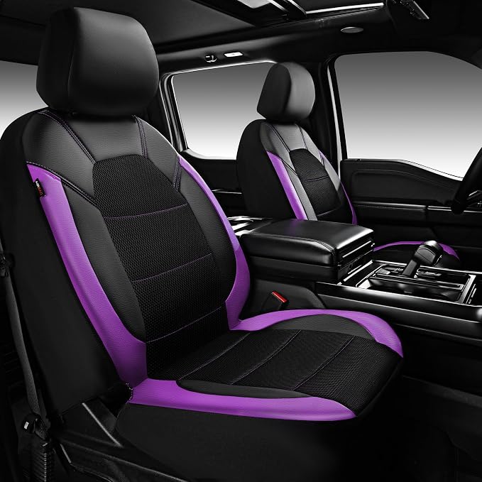 CAR PASS Leather Car Seat Covers Front Seats only, with Air Mesh Front Seat Covers Breathable, Cool Automotive Seat Covers 2 Pack, Universal Fit Most Cars,SUV,Truck,Van Airbag Compatible(Black Purple) - Image 8