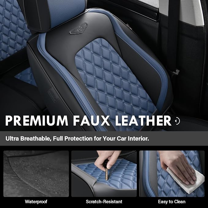 Coverado Universal Car Seat Covers Full Set, Sporty Non-Slip Waterproof Faux Leather Front & Rear Seat Protectors for Trucks SUVs, Mens Automotive Interior – BlackBlue - Image 4