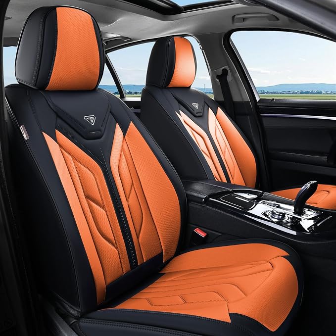 Coverado Seat Covers, Car Seat Covers Front Seats, Leather Seat Covers for Cars, Waterproof Automotive Seat Covers Car Seat Protector Car Seat Cushion Universal Fit for Most Cars Trucks(Black&Orange) by COVERADOAUTO