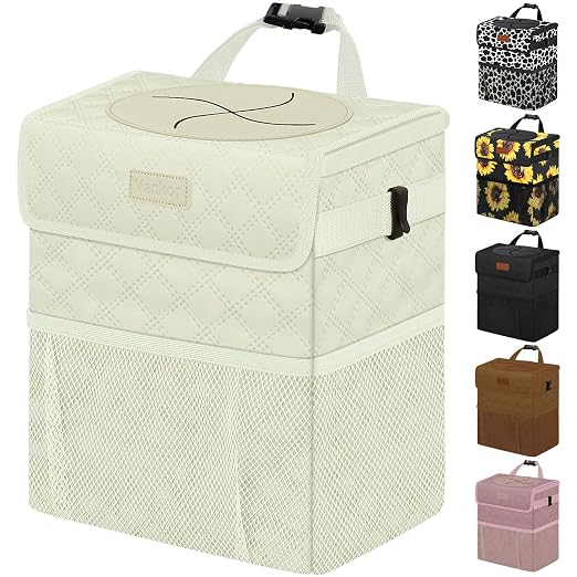 Vankor Car Trash Can with Lid Leak Proof Car Accessories for Women | 2.2 Gallon Cute Hanging Car Trash Bin for Men Car Truck Vehicle Sedan Interior Automotive Garbage Cans, Beige Quilted by Vankor