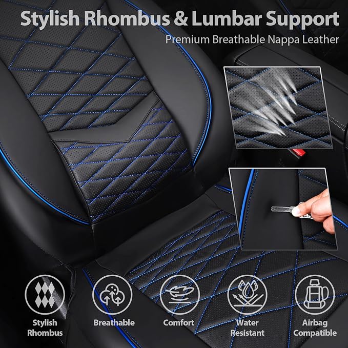 CAR PASS Luxury Nappa Leather Seat Covers Front, Water Resistant 3D Memory Foam Car Seat Covers with Lumbar Support,Thick Seat Cover Airbag Compatible Universal Fit for Sedan SUV Van Truck, Black Blue - Image 5