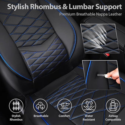 CAR PASS Luxury Nappa Leather Seat Covers Front, Water Resistant 3D Memory Foam Car Seat Covers with Lumbar Support,Thick Seat Cover Airbag Compatible Universal Fit for Sedan SUV Van Truck, Black Blue - Image 5