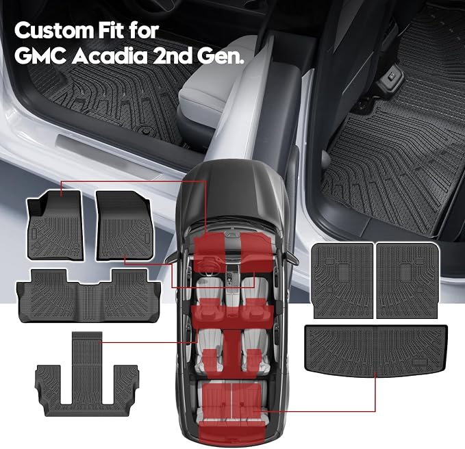 T TGBROS for GMC Acadia Floor Mats 2017-2023 All-Weather Full Set Custom Fit TPE Liners Back Seat Protector Cargo Liner Trunk for Acadia Accessories 7PCS(6-seat) - Image 2