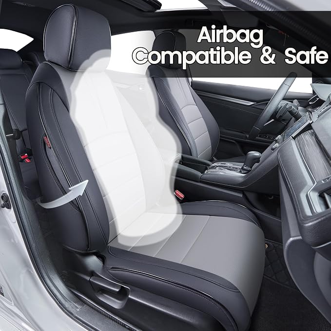 HKZ Custom Fit Civic Seat Covers for Honda Civic Sedan 2016 2017 2018 2019 2020 2021 LX (Not for LX-P)- 5-Seats Leather Full Set,Black+Grey - Image 6